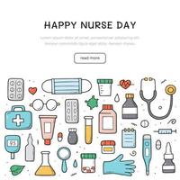 conjunto dibujado a mano de objetos médicos, elementos y artículos en color. diseño de plantilla del día internacional de la enfermera. composición vectorial vector
