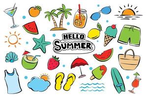 Hello summer elements set doodle on white background. Summer hand drawn symbols and objects. vector