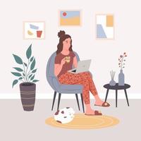 A young woman with a laptop is sitting in a chair at home. Remote work, freelance, home environment. Flat vector illustration
