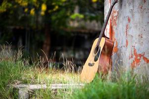 guitarra en el bosque lleva una guitarra al bosque. foto