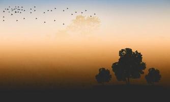 siluetas negras, árboles y pájaros, con puesta de sol. foto