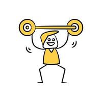 yellow stick figure character holding dumbbell vector