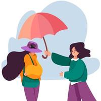 Mental health concept. Depressed  woman walking in the cloudy weather. Girl help her sad friend with umbrella. Vector concept of support people under stress and depression.