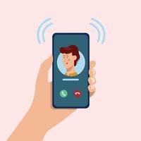 Incoming video call. Hand holding a smartphone. People using a video call app while social distancing. vector