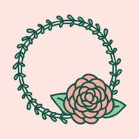 Line circle frame with rose and leaves. Elegant abstract round border for greeting card. Vector illustration