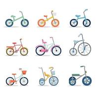 Set of kids bikes from tricycles to teenagers. Colorful bicycles with different frame types. Vector flat illustration set.