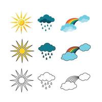 conjunto de iconos meteorológicos aislado sobre fondo blanco. ilustración vectorial de sol, lluvia y arco iris en estilo plano simple. iconos de color y contorno vector