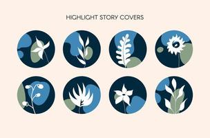 resalte los iconos de la portada de la historia para el vector de medios sociales, mano floral natural dibujada con un fondo abstracto de contraste azul oscuro redondo