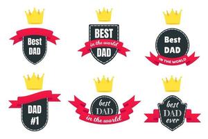 6 Best dad award with text, golden crown and ribbons vector illustration flat style design isolated on white background web banners elements set.