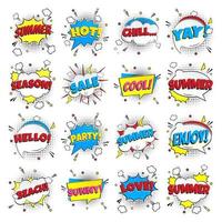 16 Lettering Summer In The Speech Bubbles Comic Flat Design Set. Dynamic Pop Art Vector Illustration Isolated On Rays Background. Exclamation Concept Of Comic Book Style Pop Art Voice Phrase.