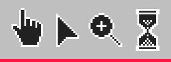 Black and white arrow, hand, magnifier and hourglass pixel mouse cursor icons vector illustration set