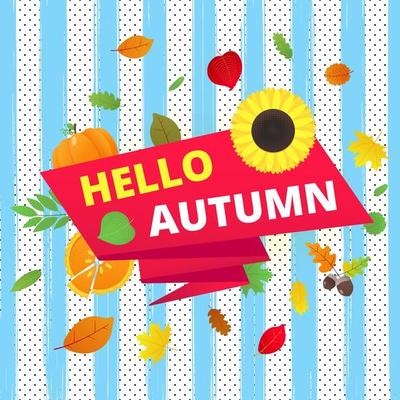 Hello autumn vector banner or poster gradient flat style design vector illustration. Huge red ribbon with text, colored leaves, pumpkin, sunflower, pie and corn isolated on fun background.