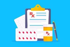 Ilustración de vector de diseño de estilo plano de prescripción de formulario médico rx.