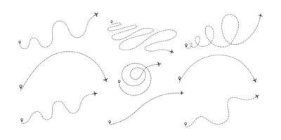 avión línea discontinua ruta estilo plano diseño vector ilustración conjunto aislado sobre fondo blanco.