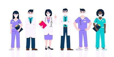 Medical staff doctors team with face masks clinic employee vector illustration.