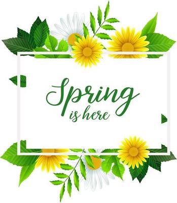 Spring is here banner template with beautiful flower and leaves