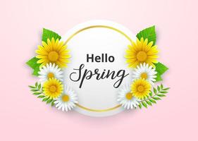 Hello spring background with beautiful flowers and round frame vector