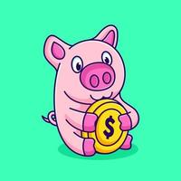 cute pig holding money vector illustration. cartoon pig saving money