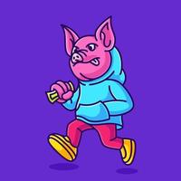 cerdo fresco caminando con ilustración de vector de dinero. cerdo de dibujos animados con ropa