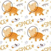 Seamless pattern with dinosaurs in space, drawn elements in a flat style. Handwritten inscription. Dinosaurs with planets on white background. Planets, stars and spaceships. Jurassic reptiles. vector