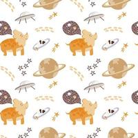 Seamless pattern with cute dinosaurs in space. Dinosaurs drawn in a flattened style on a white background. Planets, stars and space ships. Jurassic reptiles. Suitable for children's textile packaging. vector