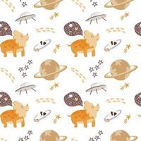 Seamless pattern with cute dinosaurs in space. Dinosaurs drawn in a flattened style on a white background. Planets, stars and space ships. Jurassic reptiles. Suitable for children's textile packaging. vector