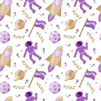 Seamless pattern with astronauts in space, drawn elements in flat style. People in outer space. Planets, stars and rocket. Flag. Vector in cartoon style on white background.