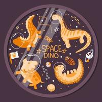 Cute dinosaurs-astronauts in the porthole. Vector in cartoon style. Dinosaurs in space. Planets, comets, asteroid and stars around on dark background.