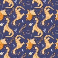 Seamless pattern with dinosaurs in space, drawn elements in a flat style. Handwritten inscription. Dinosaurs with planets on white background. Planets, stars and spaceships. Jurassic reptiles. vector