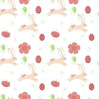 Seamless pattern of bunnies, flowers and eggs, hand-painted elements. Bouncing bunnies. Easter. Spring. Flowers and eggs. Vector in cartoon style. Flowers, buds and leaves on white background.