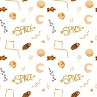 Seamless pattern of hand-drawn space elements. Open Space. Vector in cartoon style. Hand-drawn inscription. Planets, comets, asteroid and stars around on white background.