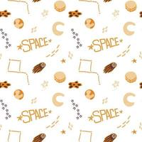 Seamless pattern of hand-drawn space elements. Open Space. Vector in cartoon style. Hand-drawn inscription. Planets, comets, asteroid and stars around on white background.