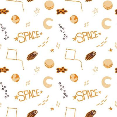 Seamless pattern of hand-drawn space elements. Open Space. Vector in cartoon style. Hand-drawn inscription. Planets, comets, asteroid and stars around on white background.