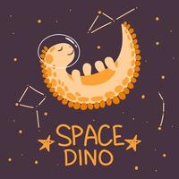 Cute space dinosaur with a planet, stars, and comets around it. Flat style vector. Dinosaur astronaut. Can be used for postcards, children's fashion, textiles, fabrics, posters, t-shirts. vector