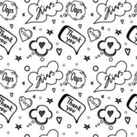 A seamless pattern of speech bubbles with dialog words, hand-drawn doodle-style elements. Hello, Love, Sorry, Love, Kiss, Bye. Vector illustration.