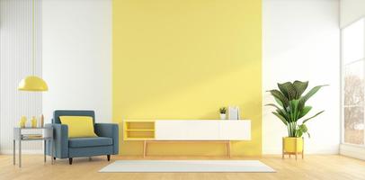 living room with Tv cabinet on the yellow wall and armchair, side table and green plant. 3d rendering photo