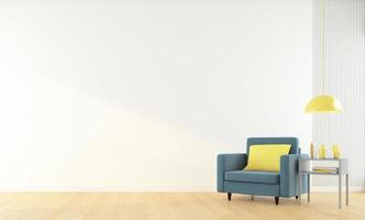 habitación vacía con sillón y mesa auxiliar, paredes blancas y suelo de madera. representación 3d foto