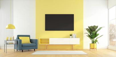 living room with Tv cabinet on the yellow wall and armchair, side table and green plant. 3d rendering photo