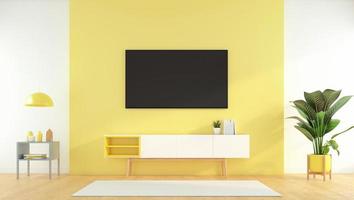 living room with Tv cabinet on the yellow wall and side table, green plant. 3d rendering photo