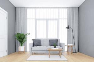 salón minimalista con ventanas y cortinas blancas, sofá y sillón, suelo de madera. representación 3d
