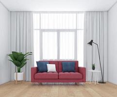 salón minimalista con ventanas y cortinas blancas, sofá y sillón, suelo de madera. representación 3d