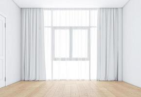 Empty room with windows and white curtains, wooden floor. 3d rendering photo