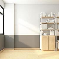 habitación vacía minimalista con estantes y armarios, paredes blancas y grises, suelo de madera. representación 3d