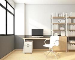 Minimalist workspace room with table and chair, desktop computer, shelf and cabinet, white picture frame. 3d rendering photo