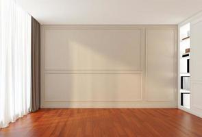 habitación vacía de lujo moderna con estantería y armario, cornisa de pared y suelo de madera. representación 3d