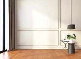 Luxury empty room with side table and hanging lamp, wall cornice and wood floor. 3d rendering photo
