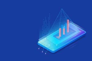 Technology innovation concept with isometric mobile phone and graphs. Futuristic symbol of new technologies in mobile communications and latest innovations. Vector Illustration