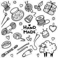 Sewing and Knitting Supplies Outline Doodle Vector Set. Tools for tailoring, needlework and clothing repair, wooden bobbins, needles kit, pins in decorative cushion.