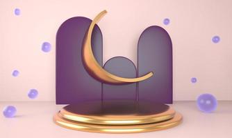 Ramadan Kareem greeting template with moon. Podium, stand on holiday light background for advertising products - 3d render illustration for cards, greetings.