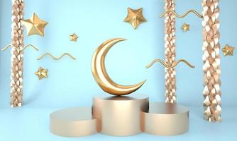 plantilla de saludo ramadan kareem con luna. podio, párese en el fondo claro de vacaciones para productos publicitarios - ilustración 3d para tarjetas, saludos. foto